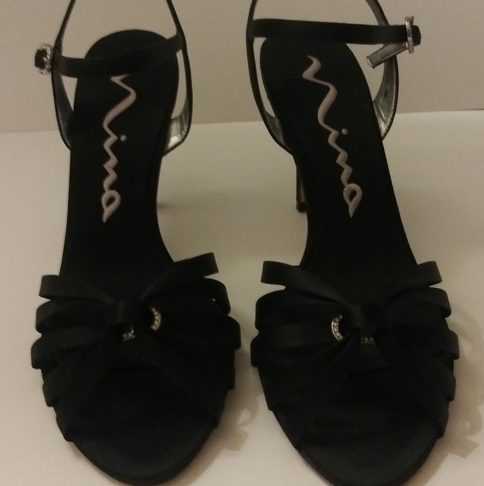 Nina black satin strapy heels w/rhinestone details